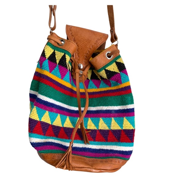 Vintage Leather Purse Woven Crochet Guatemala Y2K 2000s Boho Shoulder Bag